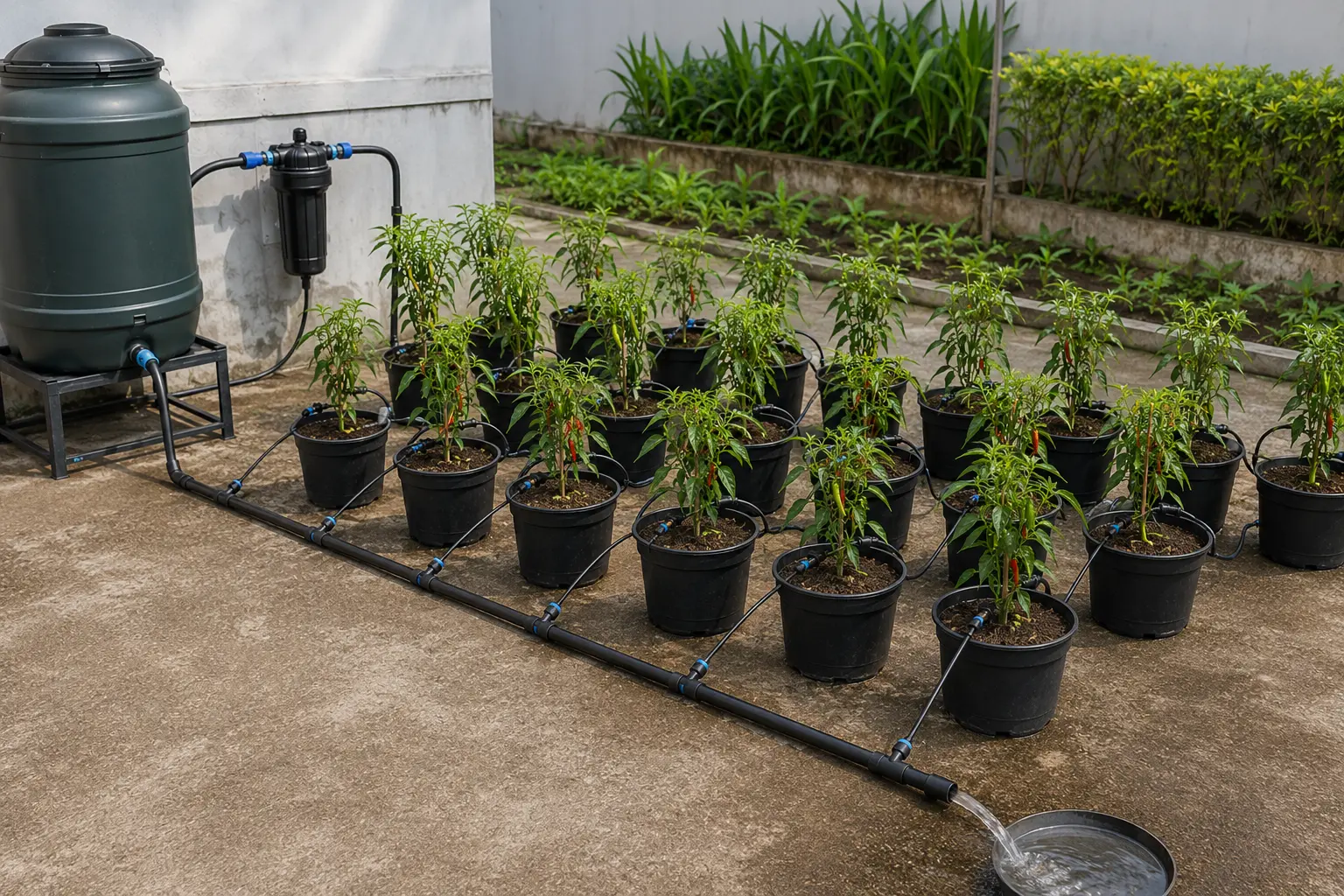 Pemasangan dan pembilasan sistem irigasi tetes di kebun Kompitu
