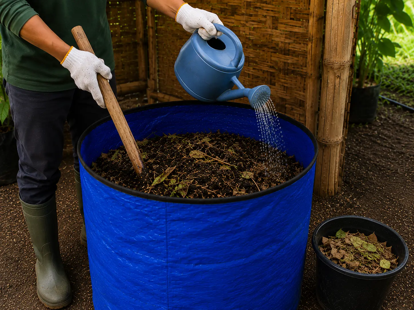 Pengadukan bahan kompos untuk menjaga kelembapan